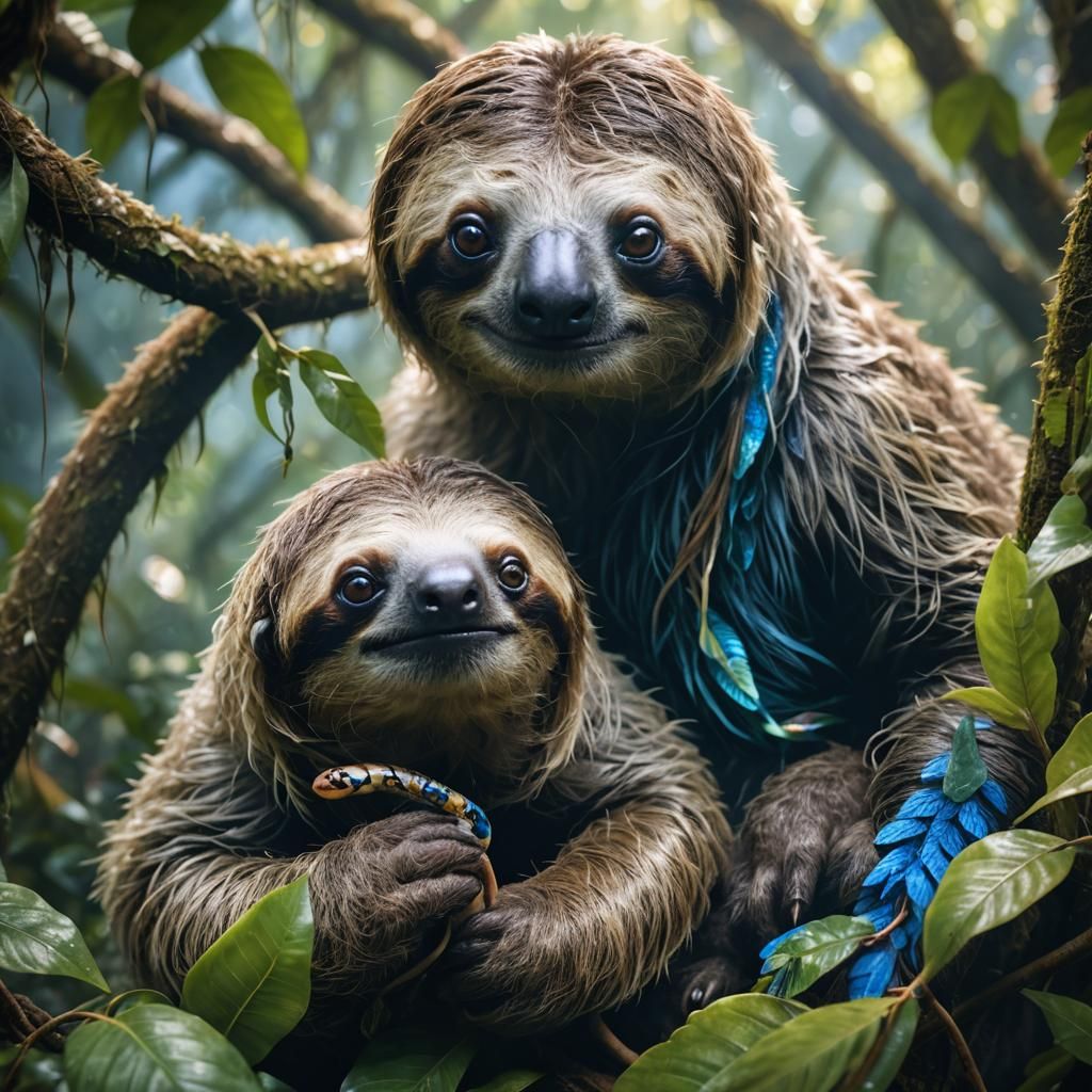Sloth Eats Snake in Lush Rainforest: Soft Focus
