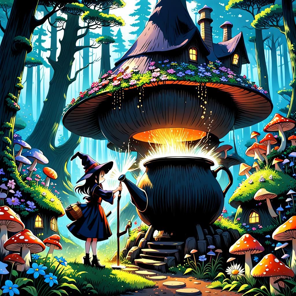 Cute Witch Watering Flowers in Forest, Anime Style