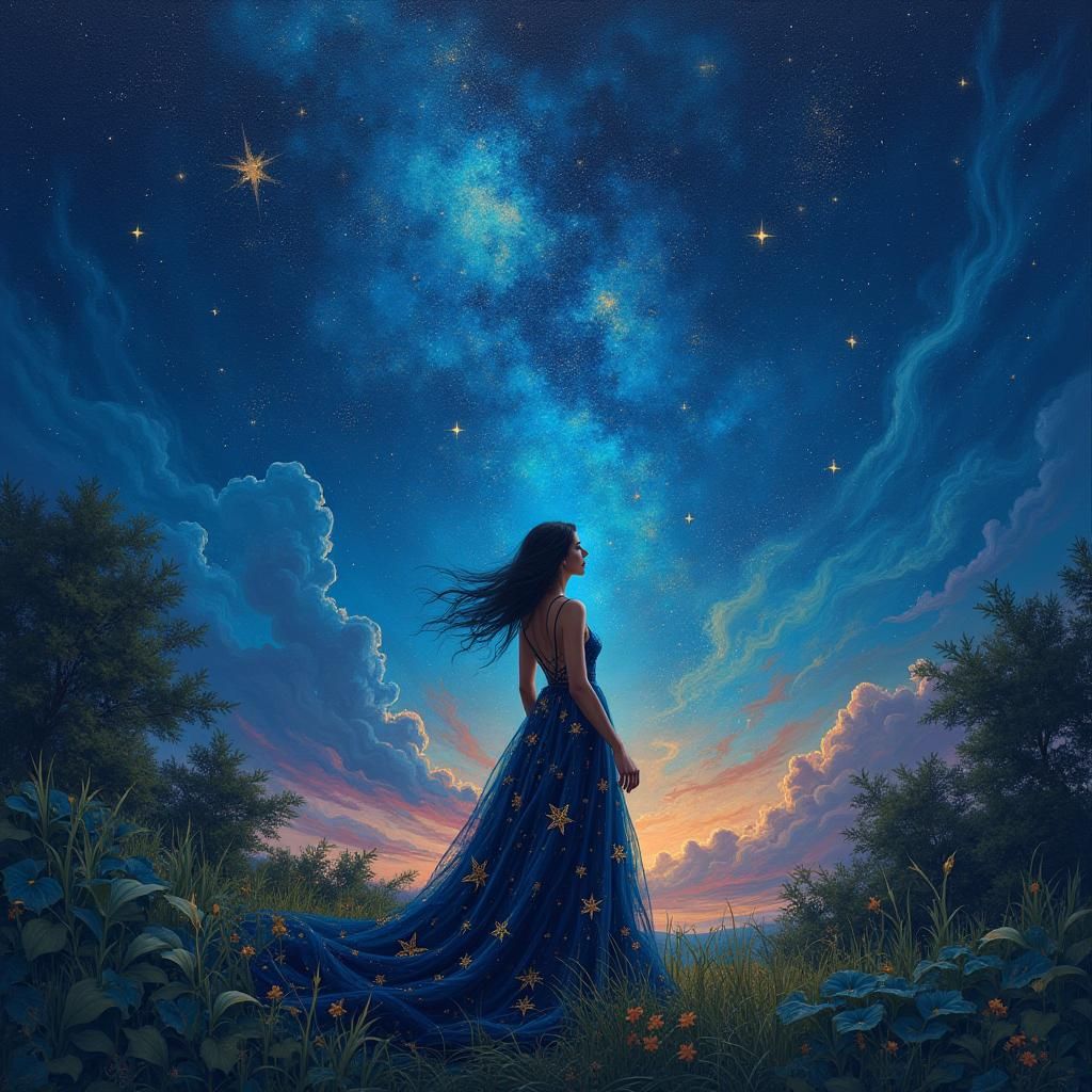 Celestial Woman Gazing at Night Sky in Ethereal Style