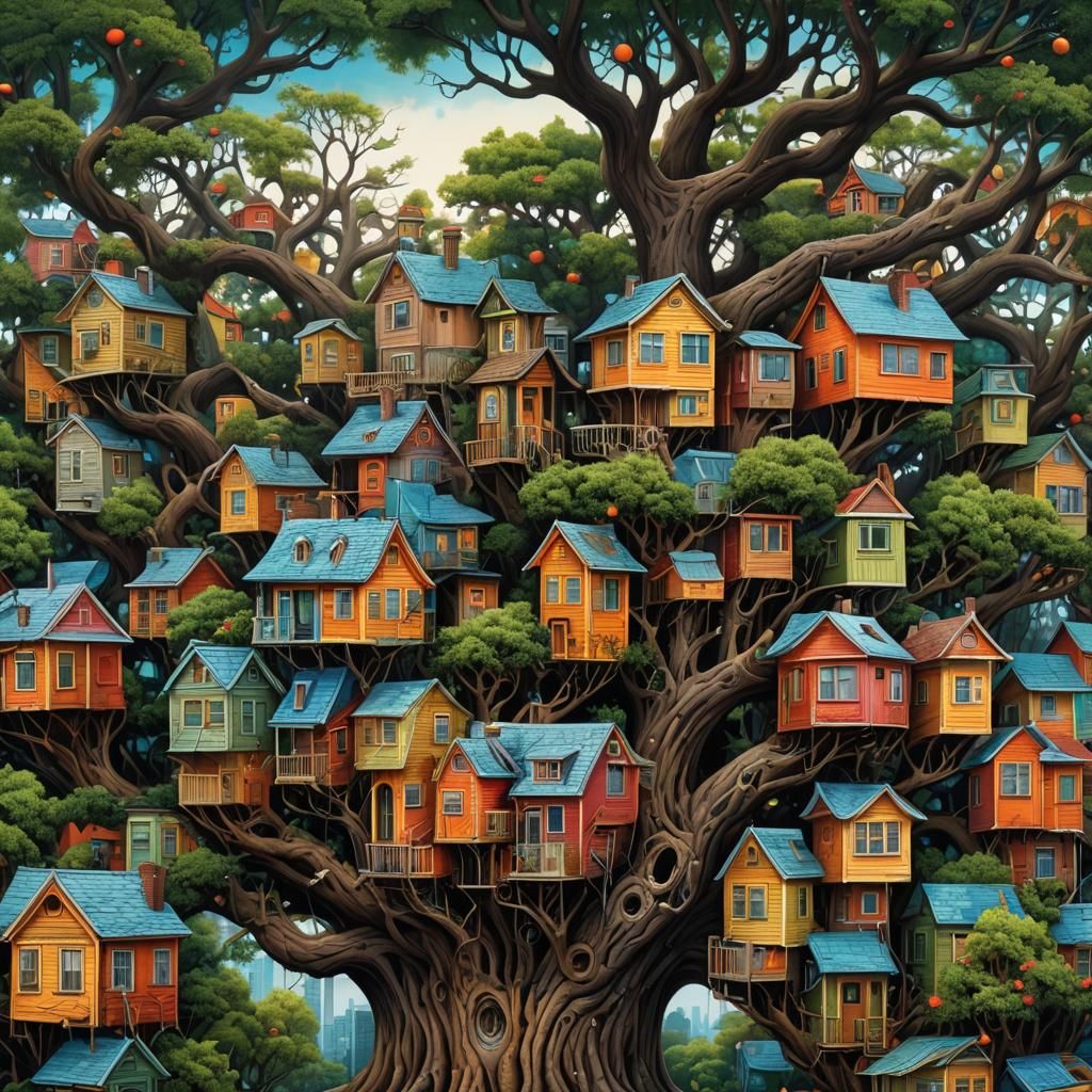 Towering Tree Cityscape with Vibrant Airbrush Details