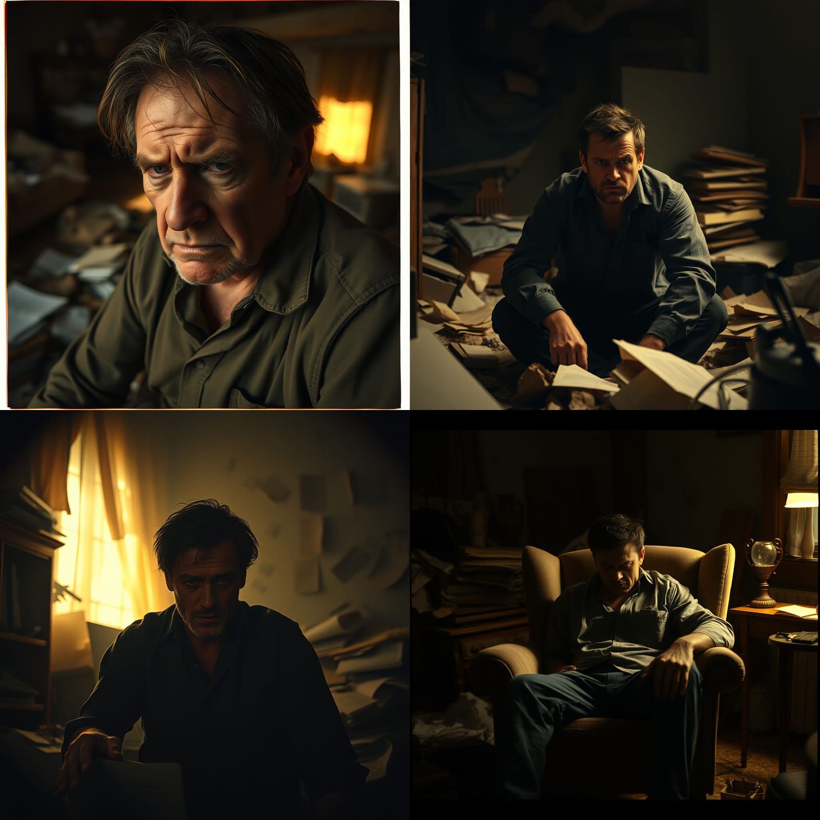 Despairing Man in Dim Room: Cinematic Film Still