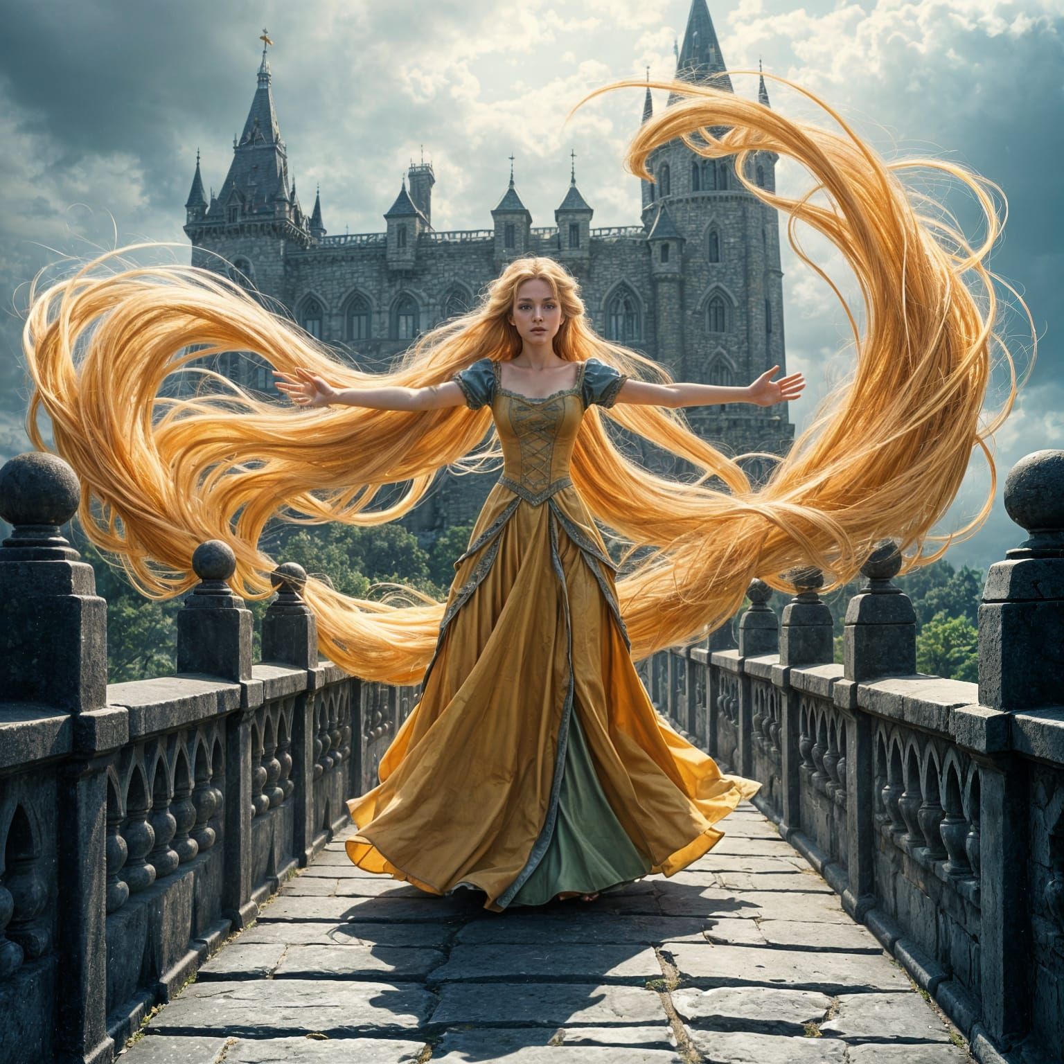 Rapunzel standing on the bridge in in front of a castle with her long hair out, hands spread out as a massive gush of wi...