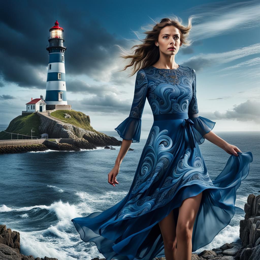 Woman in Blue Dress at Lighthouse Harbor Scene
