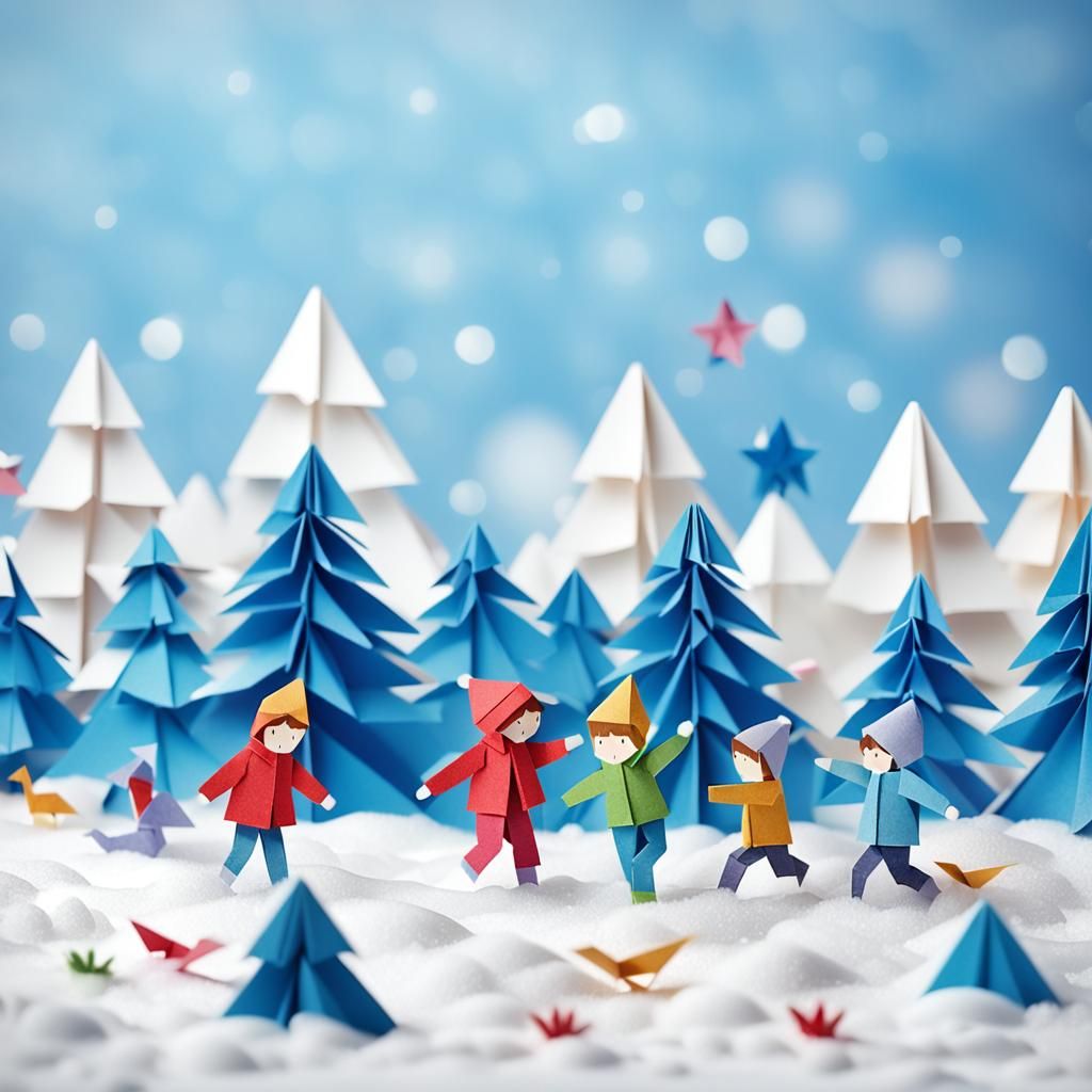Children Playing in Snow: Origami Papercraft Style