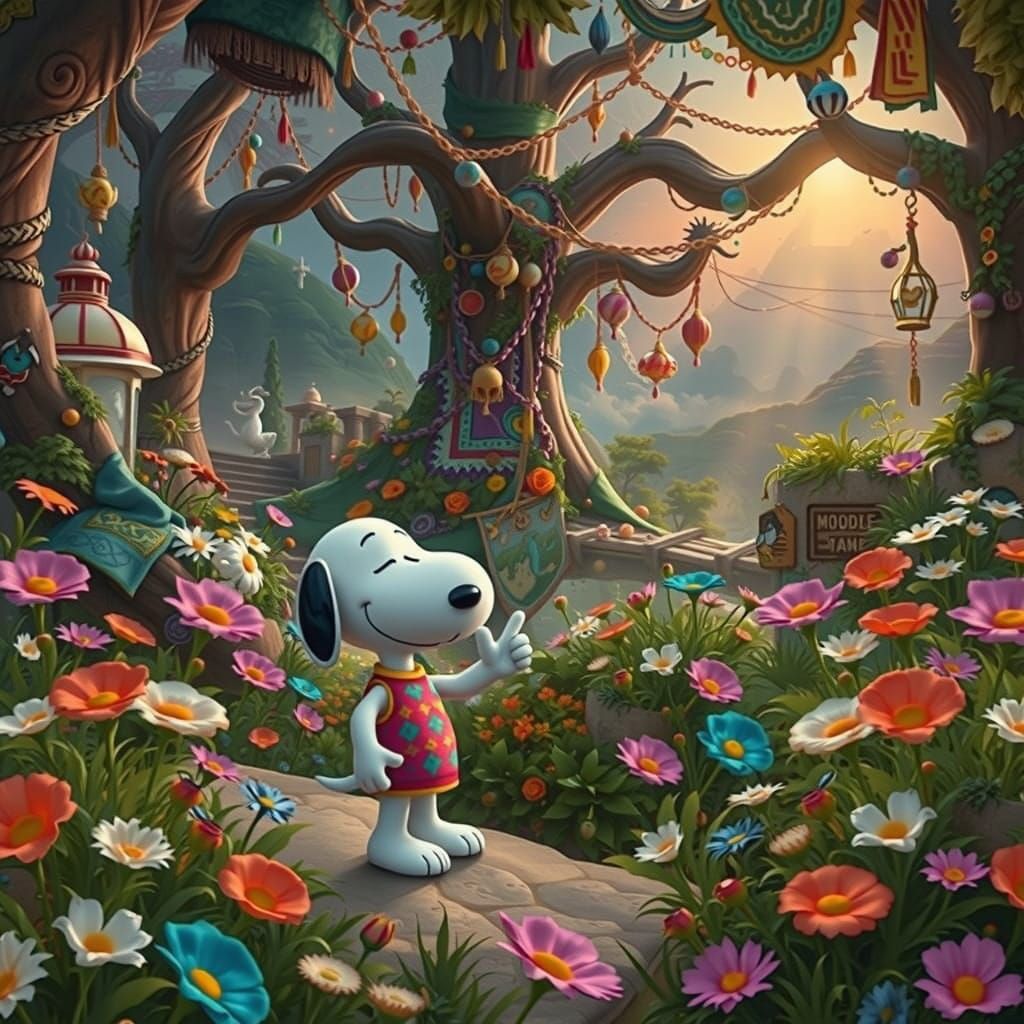 Whimsical Fantasy Concept Art of Snoopy Radiating Joy in Psy...