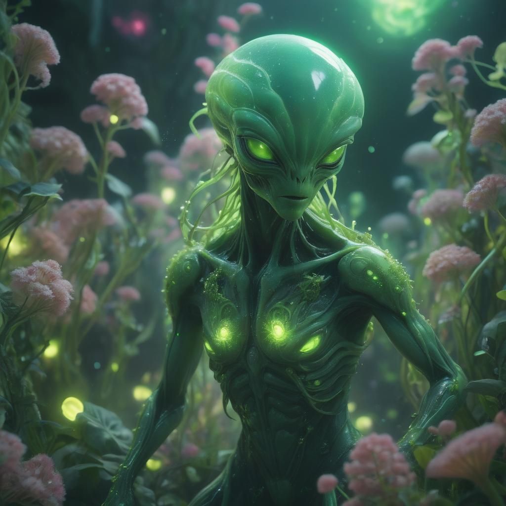 Surreal Green Alien in Bioluminescent Dreamscape
