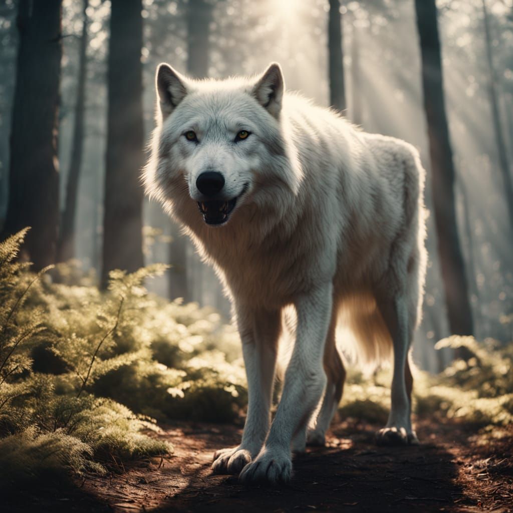 White Wolf Smelling Track in Forest - Cinematic Style