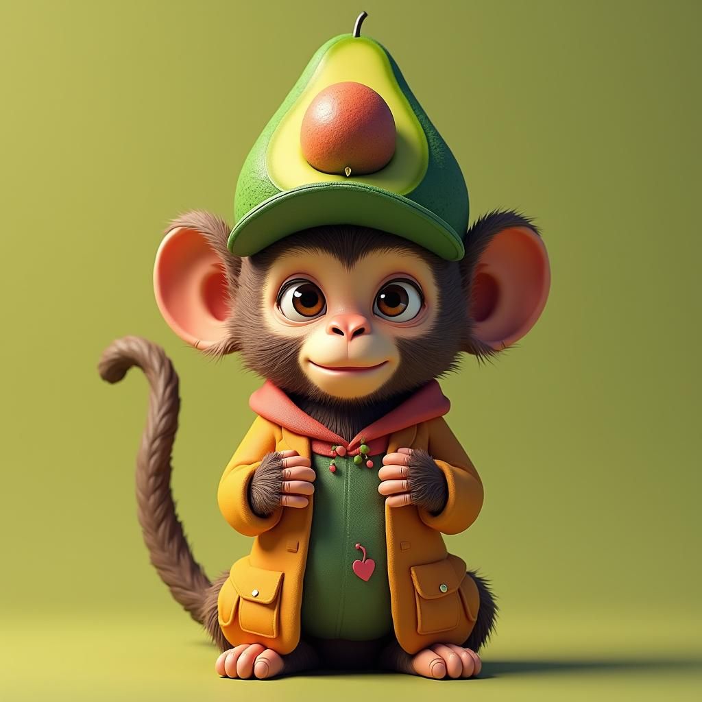 Monkey with Avocado Hat in Anime 3D Style