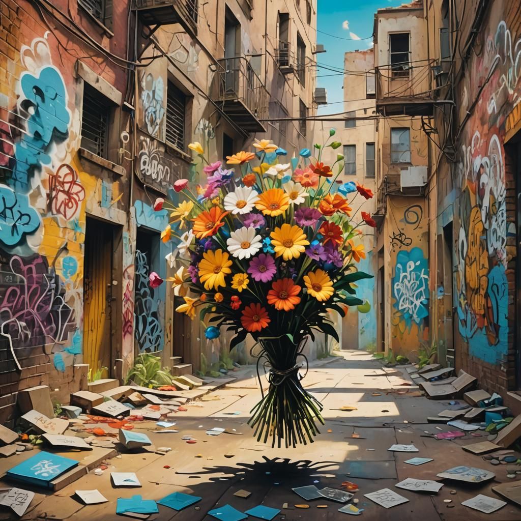 Floating Flowers in Graffiti Alley: A Surrealist Vision