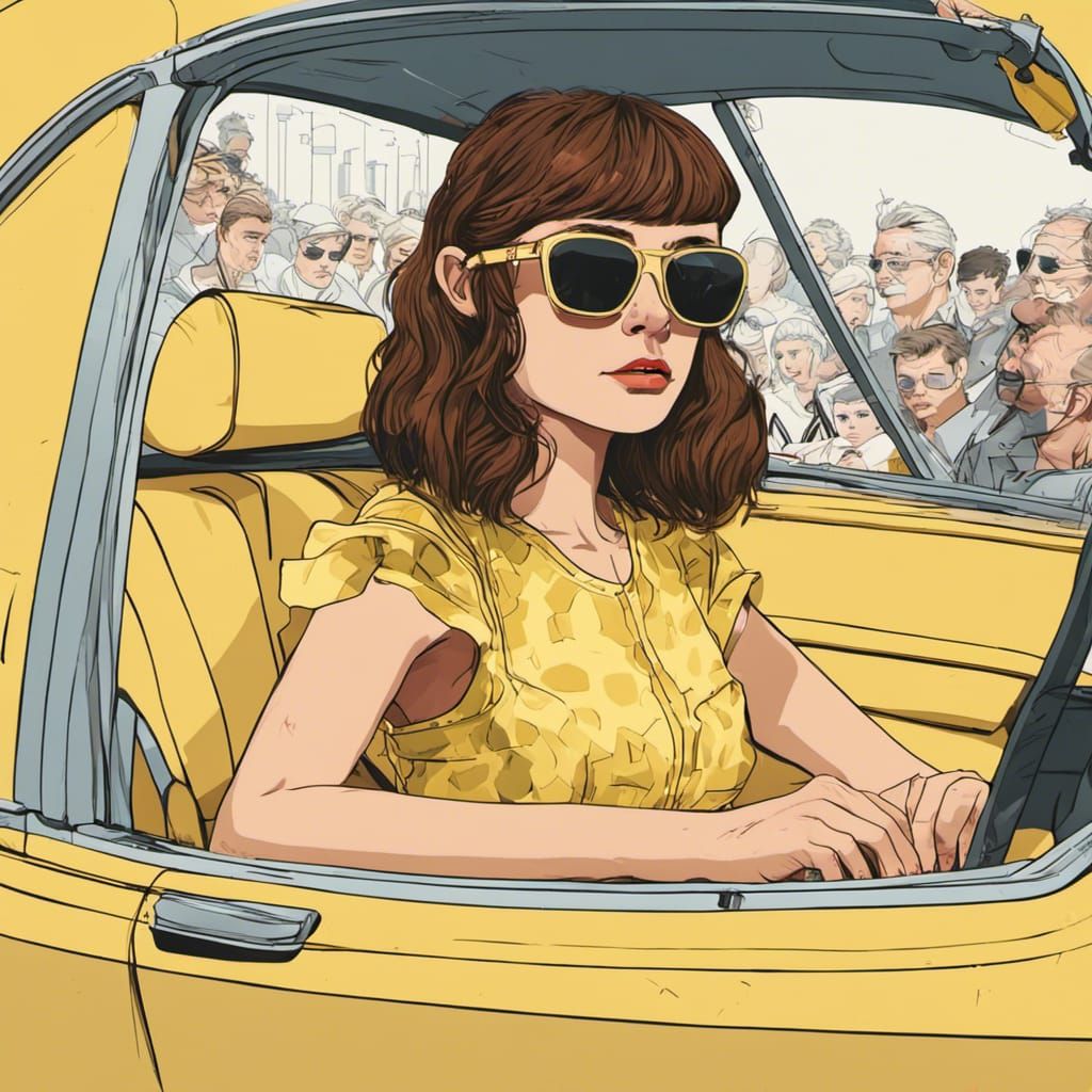 Sad Girl in Futuristic Car on Crowded Street