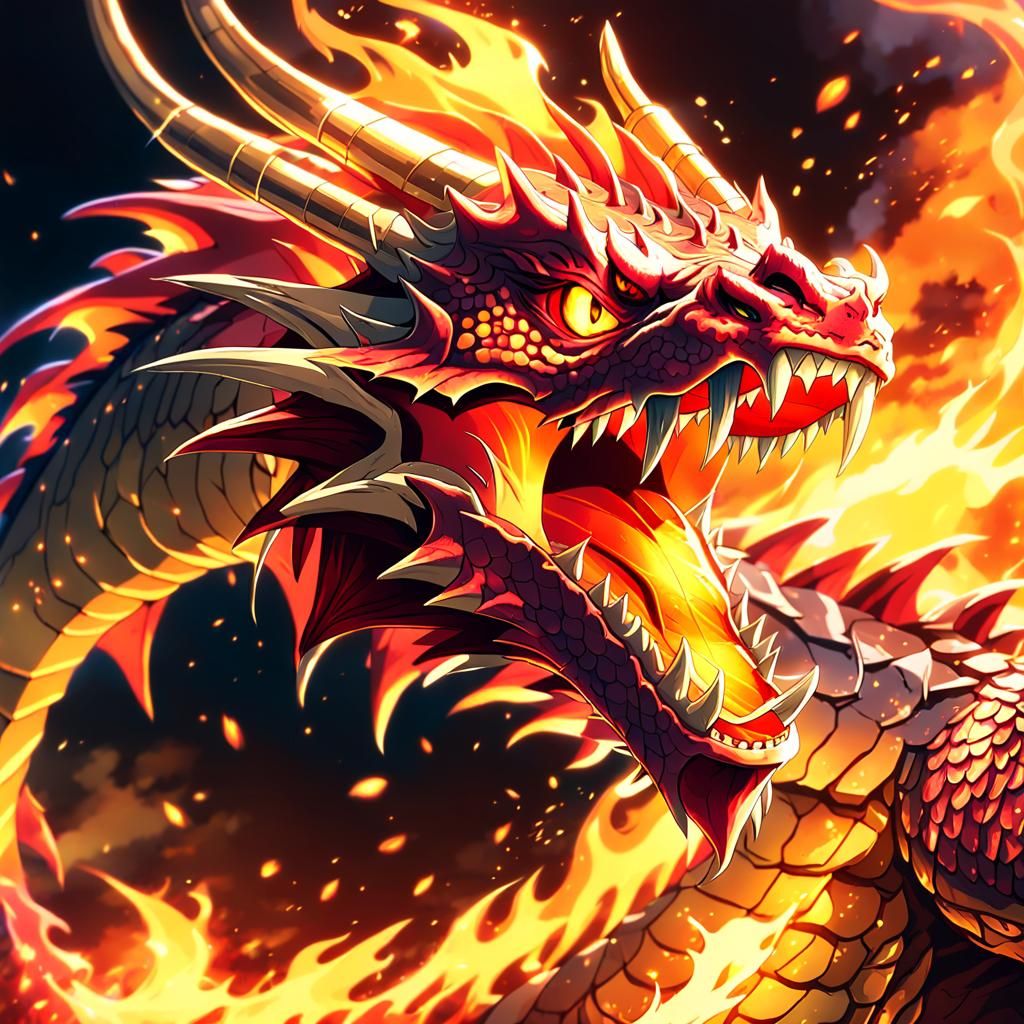 Red Fire Dragon Roaring in Anime Style