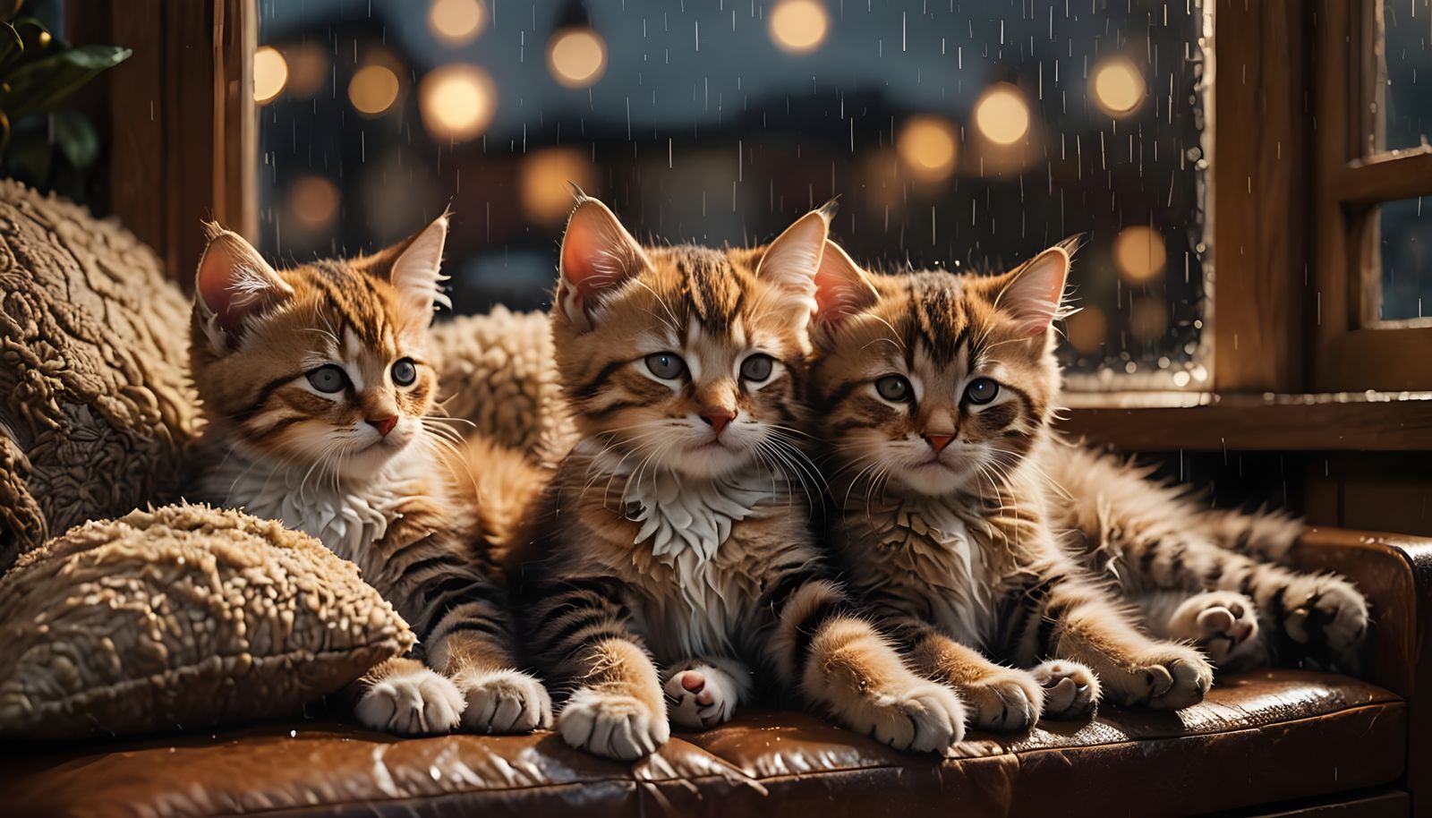 Hyperrealistic Kittens Snug on Rainy Night