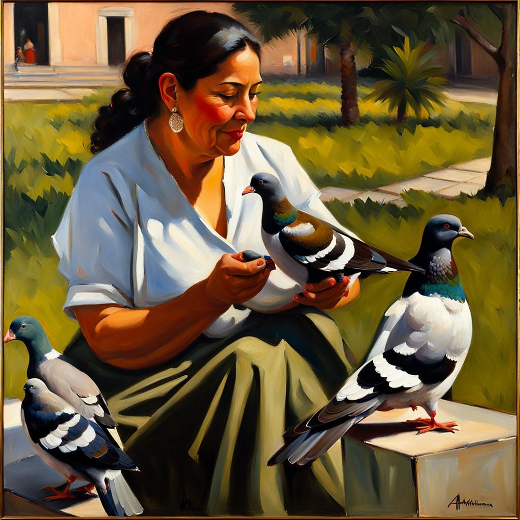 Puerto Rican Woman Feeding Pigeons: American Realism Oil Pai...