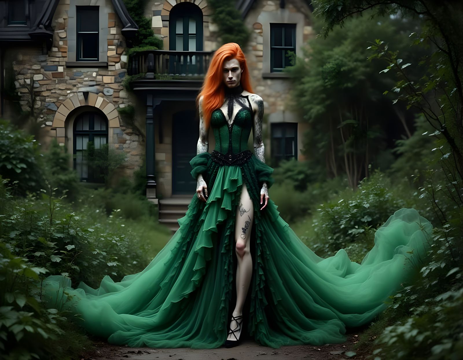 Man in Latex Ruffle Dress Near Gothic Mansion