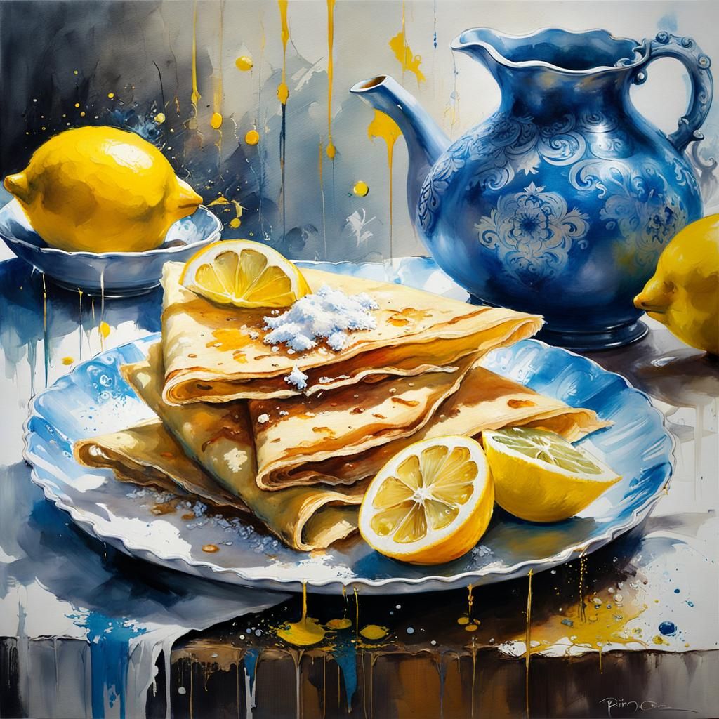 Delicious Lemon Crepes on Ornate Plate as Matte Painting