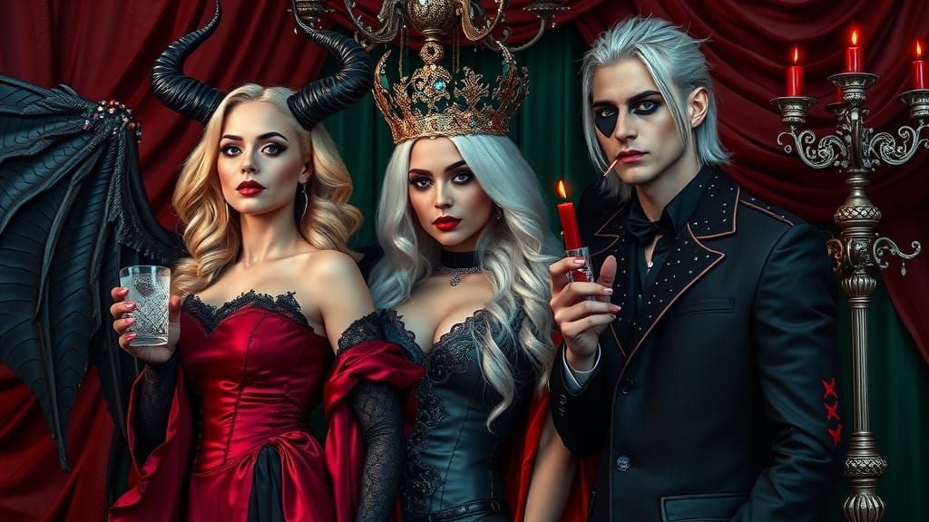 Blonde seductress with piercing emerald eyes, demon horns, and sprawling black wings sipping chilled vodka, posed alongs...