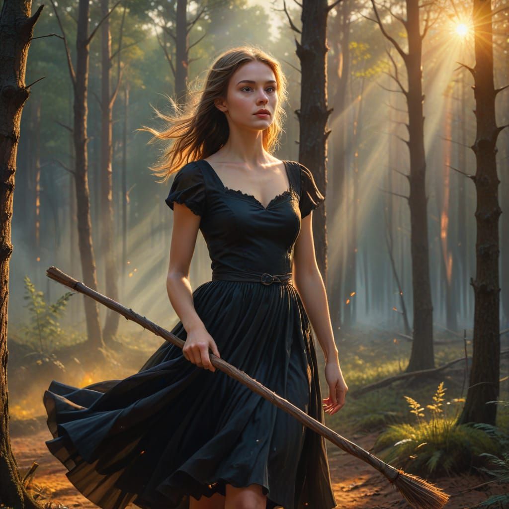 Enchanting Witch Flies Over Forest at Sunset