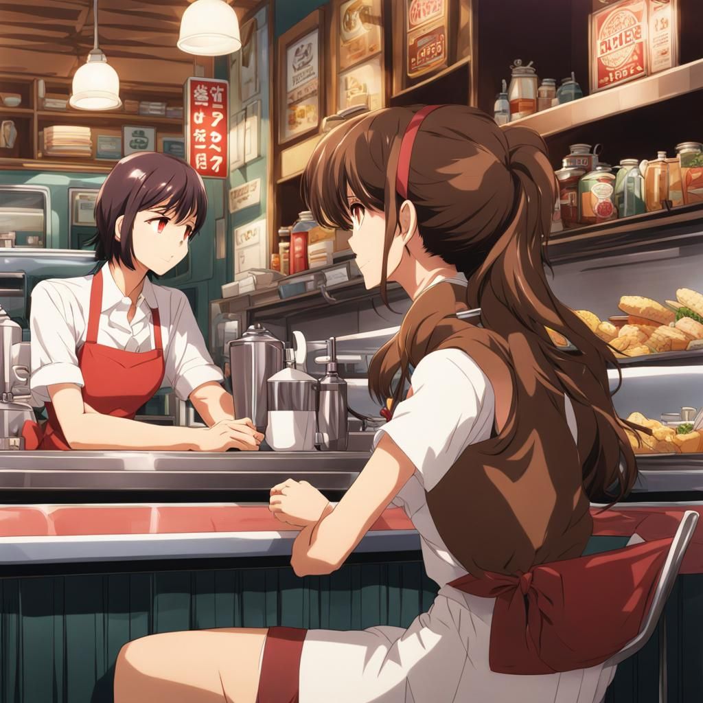 Woman at Diner in Anime Style