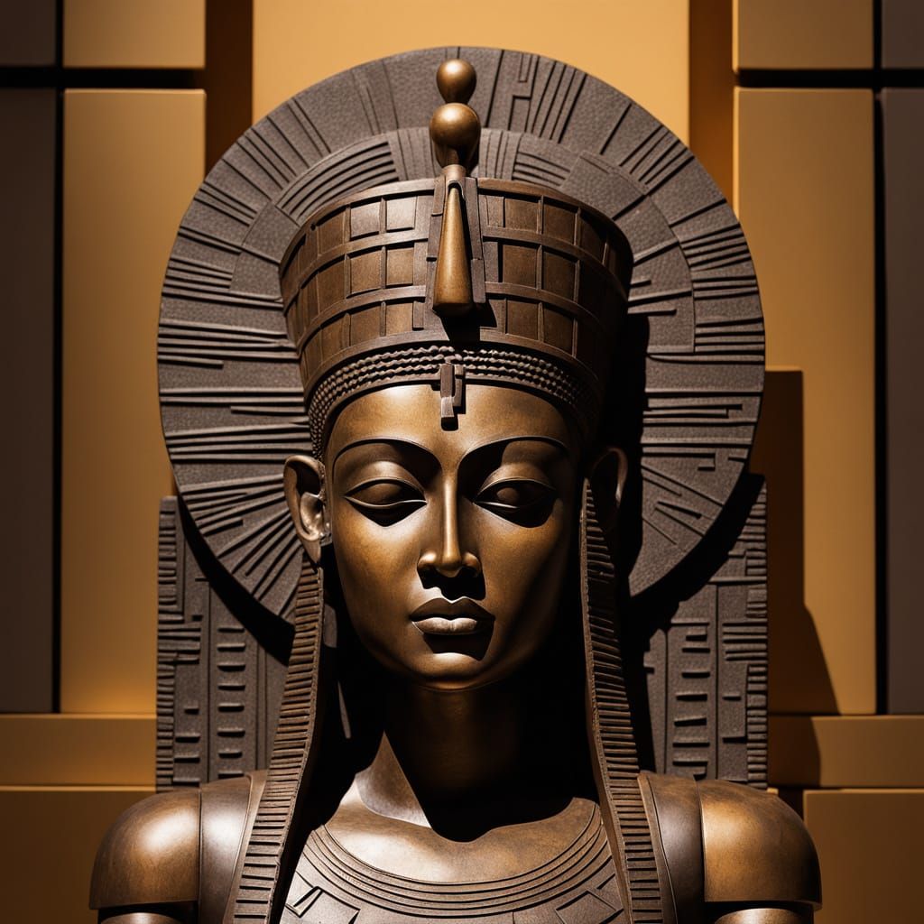 Abstract Cubist Sculpture of the Queen of Sheba in Warm Gold...