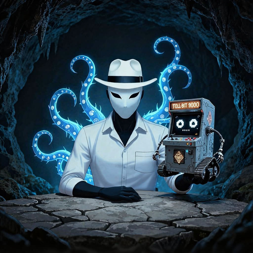 Tiny Robot Held by Tentacled Figure in Dark Tent