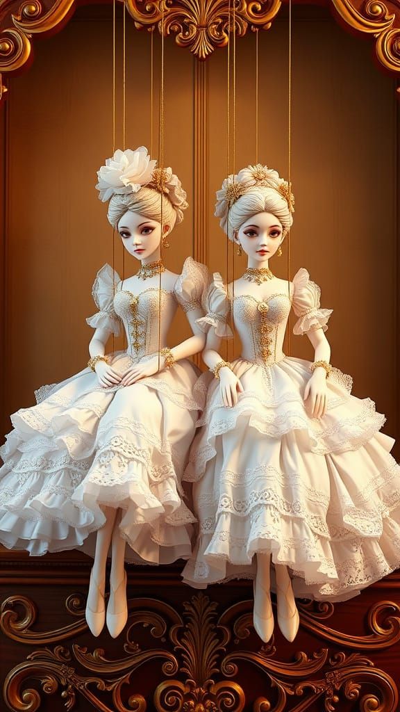 Elegant Victorian Marionettes in Delicate Ball Gowns