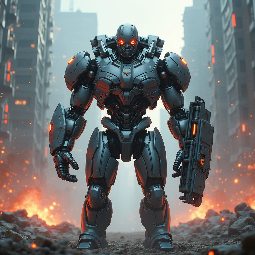 Cyborg Warrior in Dystopian Battlefield: Digital Matte Paint...
