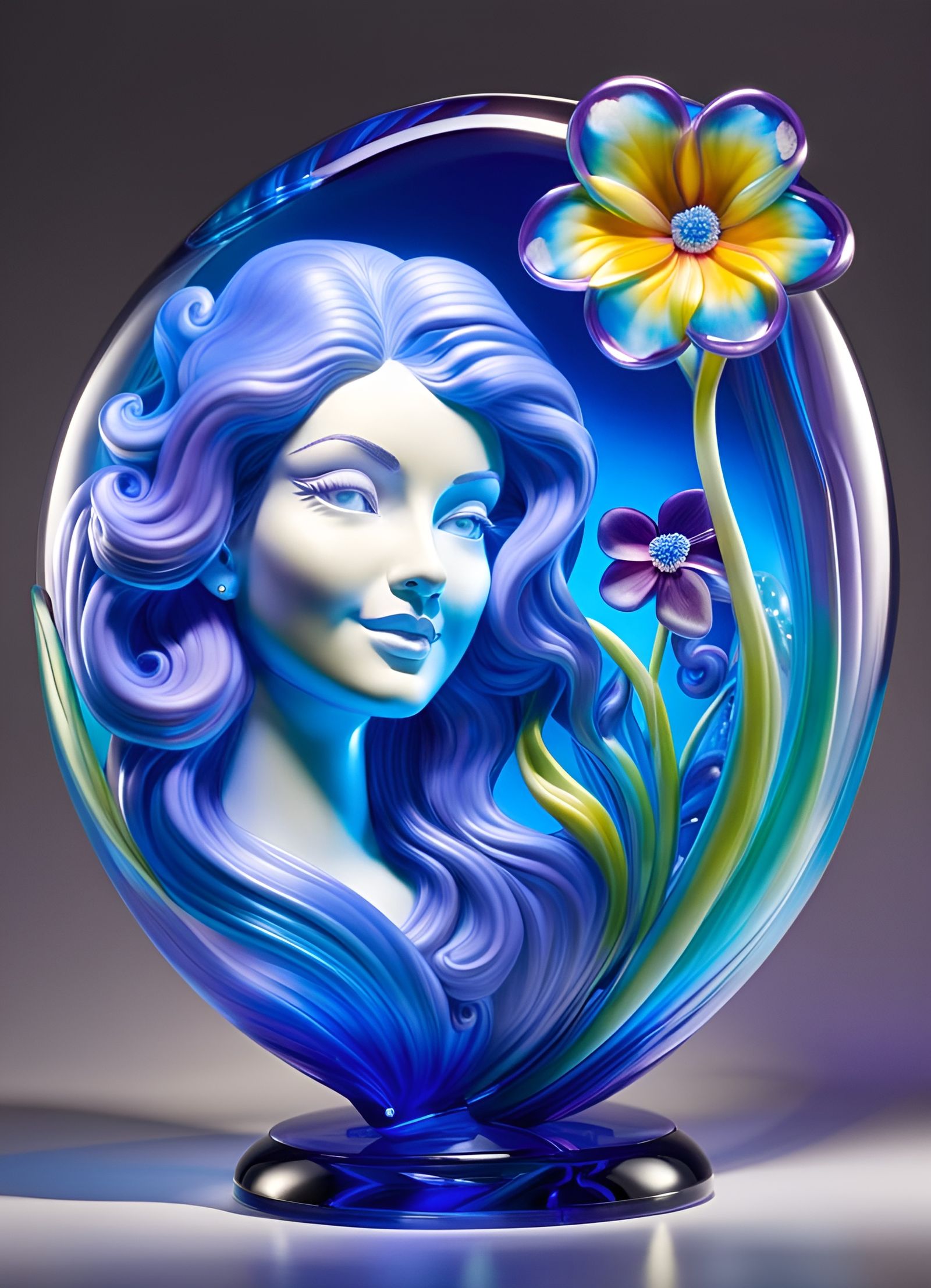Blown Glass Sculpture of Smiling Woman with Flower