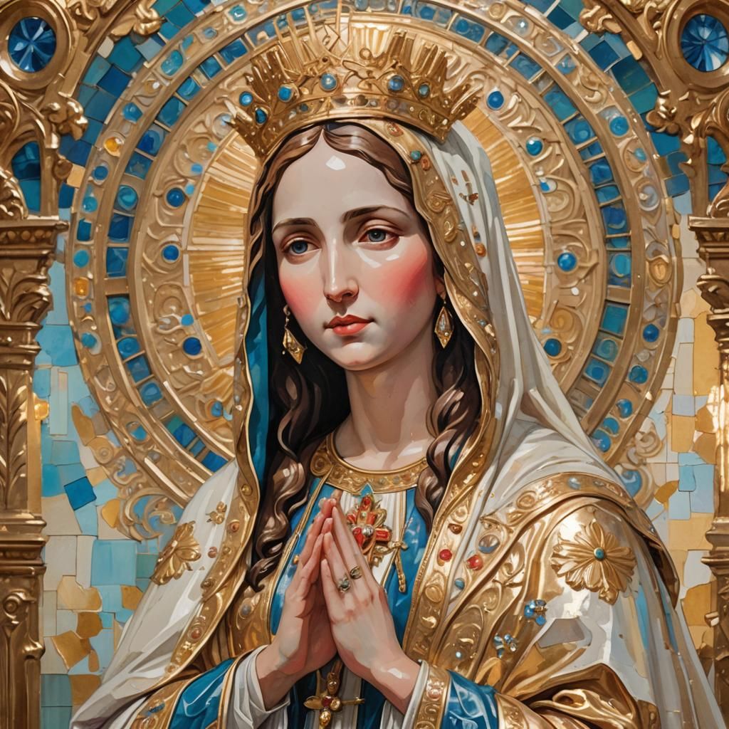 Virgin Mary Portrait in Gouache Watercolor Style