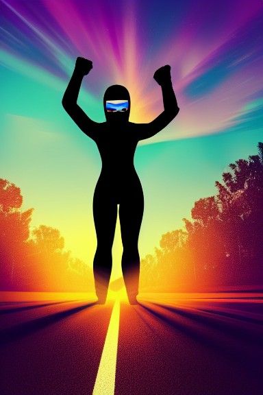 Ninja Silhouette on Neon Road with Retrowave Sunset