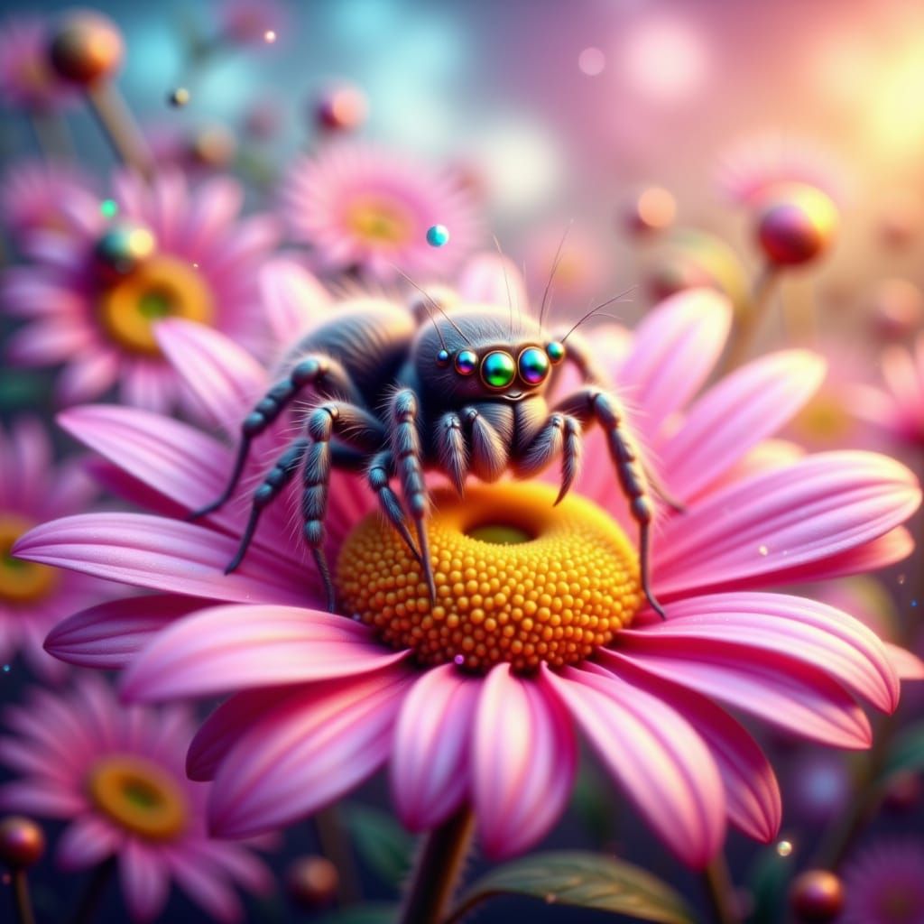 Cute Fluffy Kitten Spider on Flower in Rainbow Light