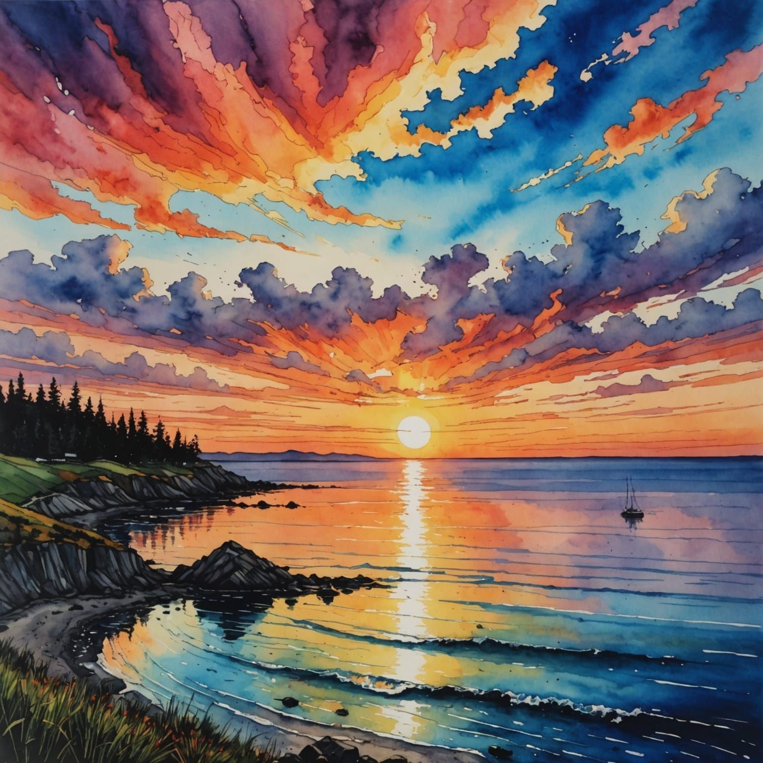 Surreal Sunset Seascape in Vibrant Acrylic Watercolor