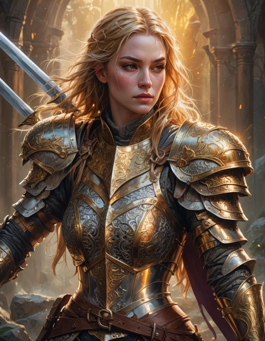 Fantasy Paladin with Enchanted Sword in Golden Light