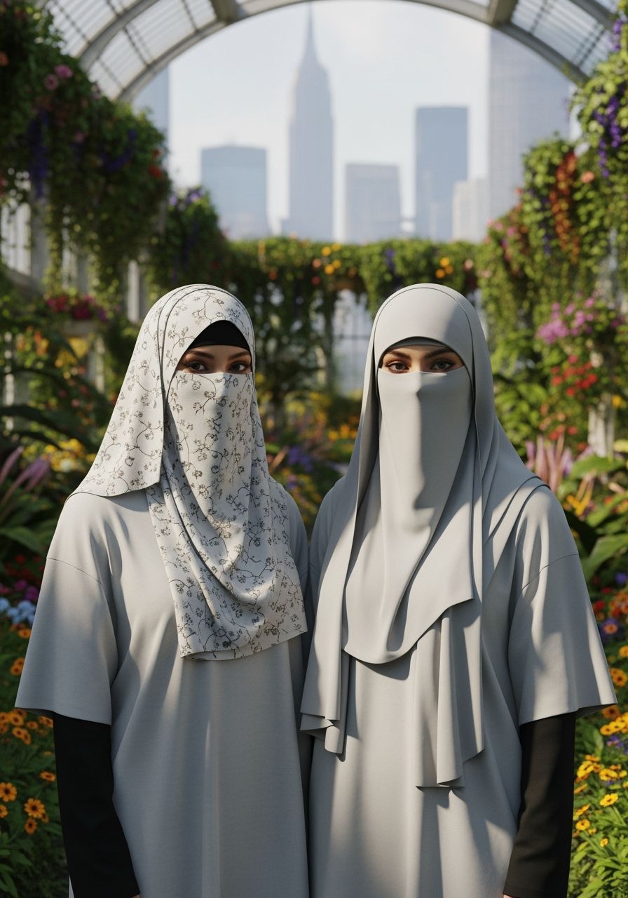 Niqabi Women in Botanic Garden with NYC Skyline