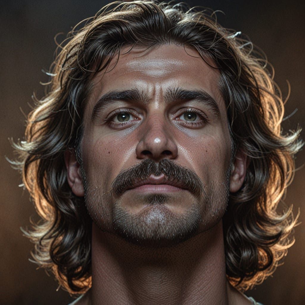 Photorealistic Man with Moustache in Dramatic Lighting