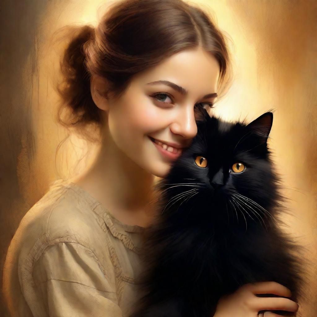 Girl with Black Cat Portrait in Realistic Style