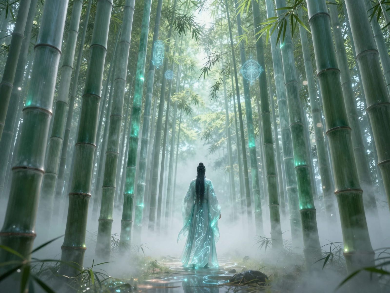 Futuristic Jade Bamboo Forest with Cultivator