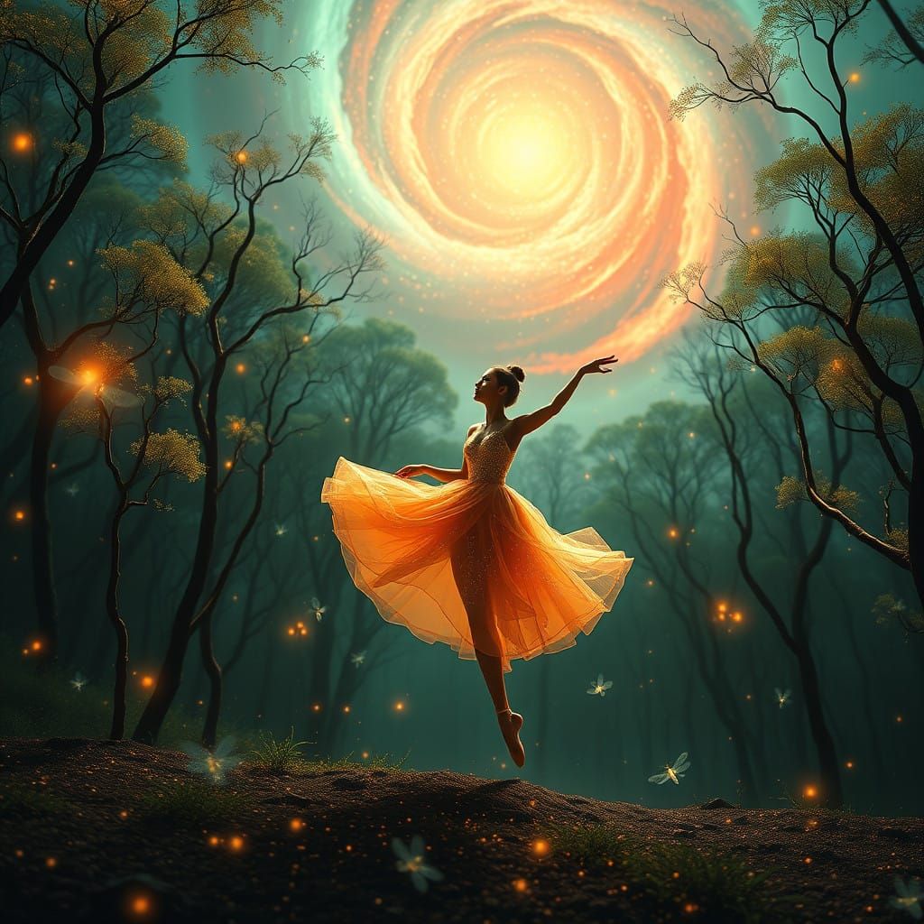 Ethereal Ballerina in Golden-Orange Gown Dances in Mytical F...