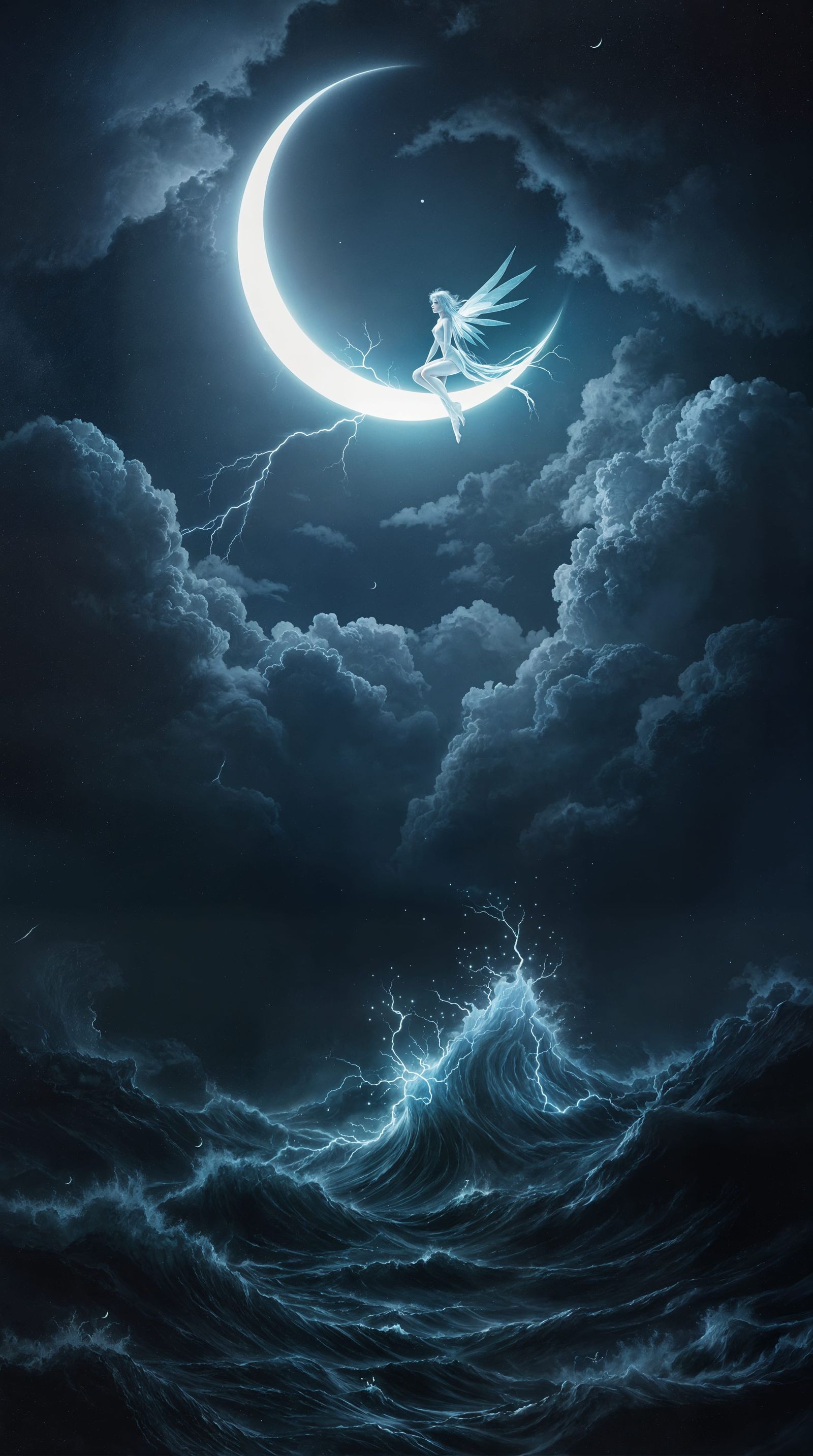 Ethereal Fairy Reigns Above Turbulent Seas in Dreamlike Moon...