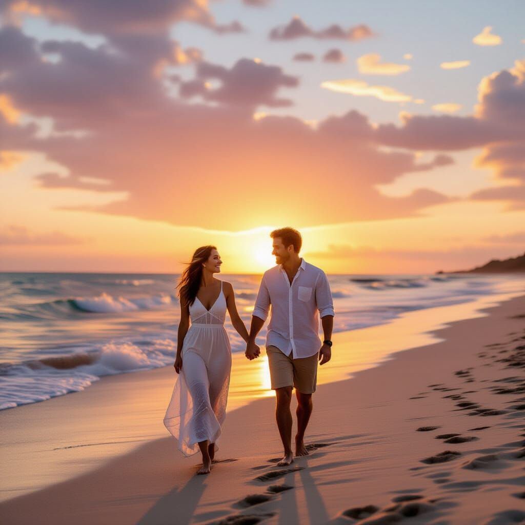 Romantic Beach Sunset: A Couple's Stroll