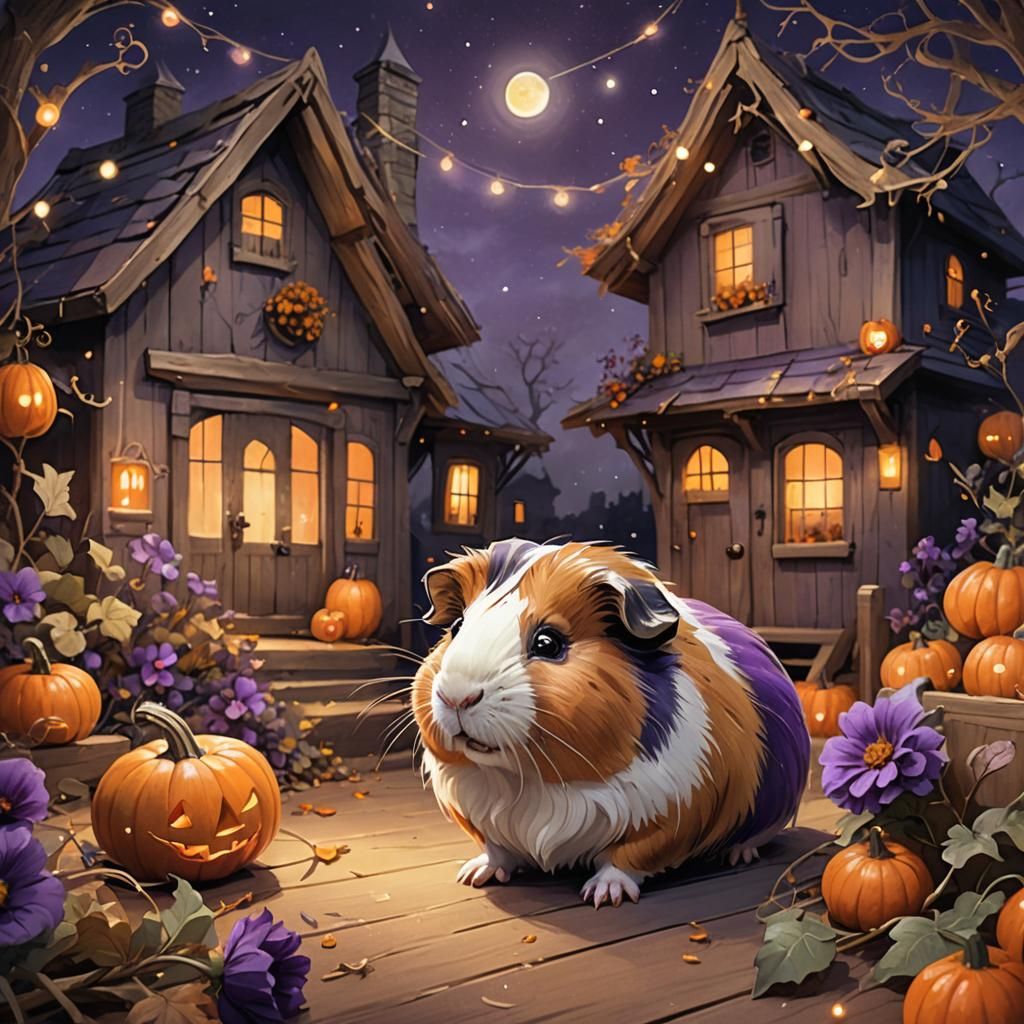 Whimsical Guinea Pig with Pumpkin in Fairy House