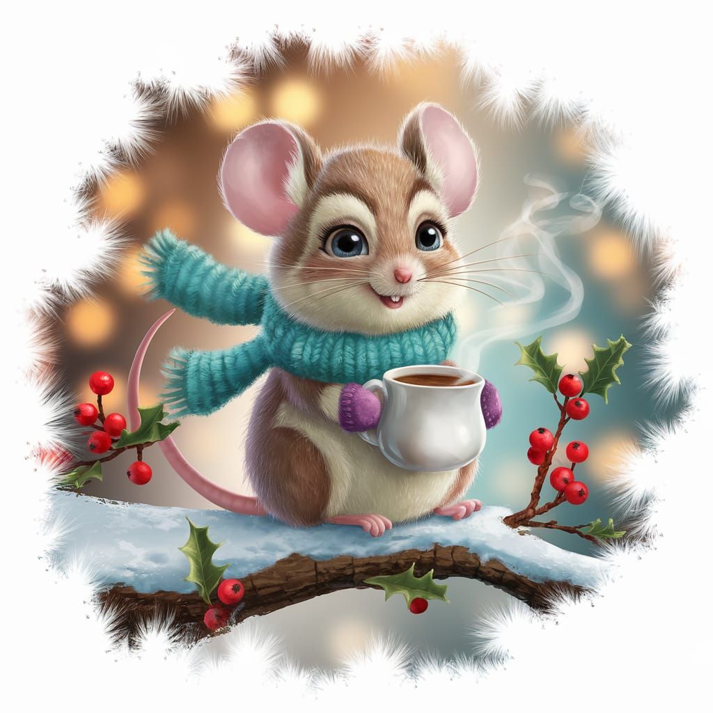 Cozy Mouse in Teal Scarf with Hot Drink