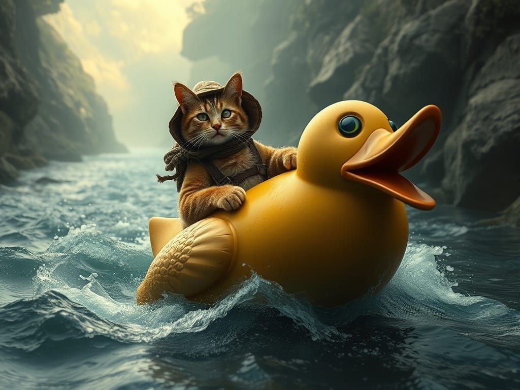 Feline Adventurer Rides Majestic Rubber Duck through Turbule...