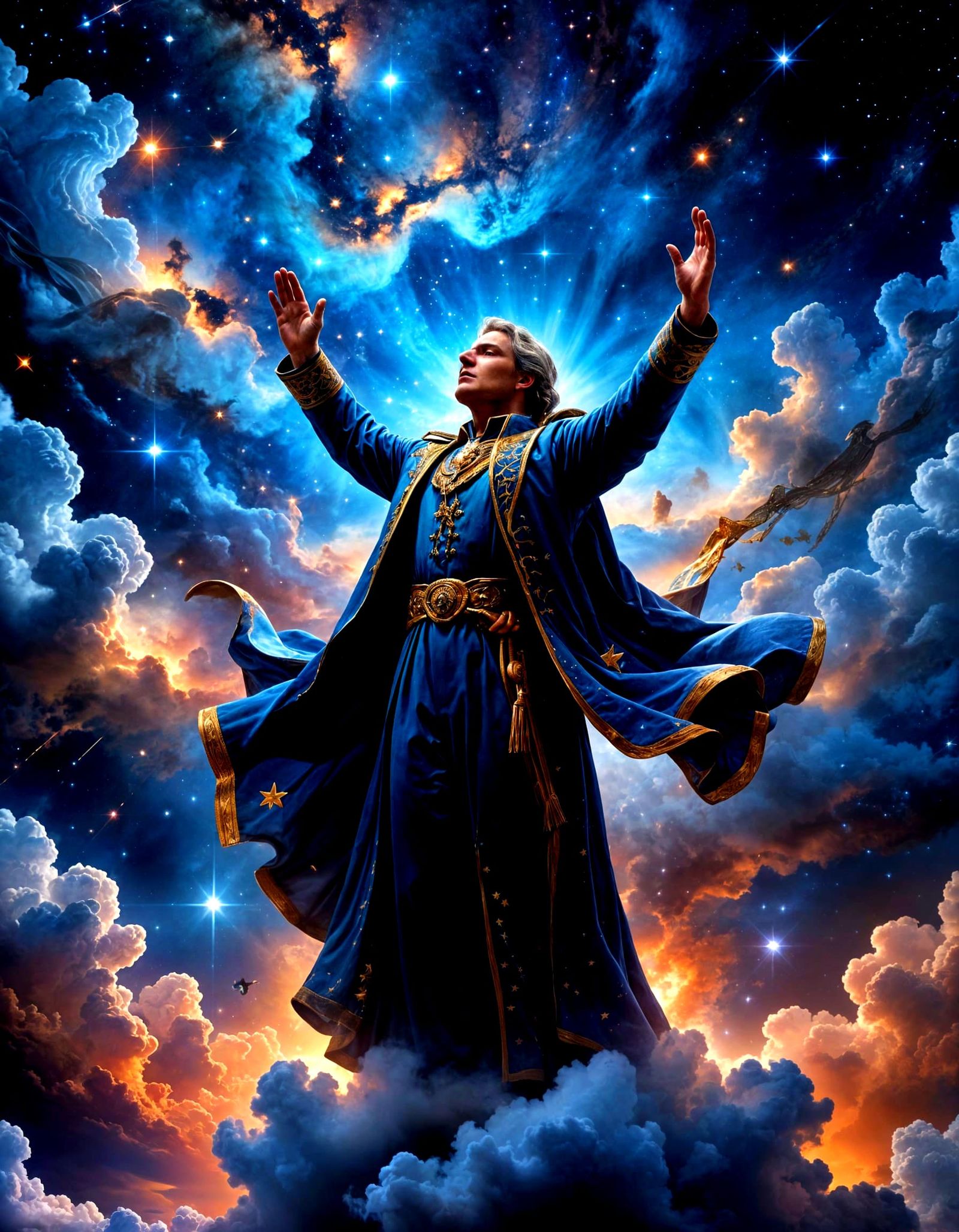 Majestic Figure Conducting Celestial Choir of Clouds and Sta...