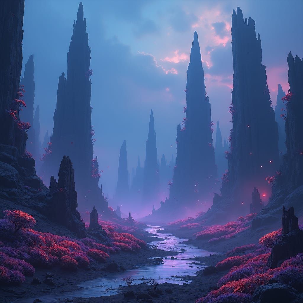 Mystical Twilight Landscape with Ancient Spires