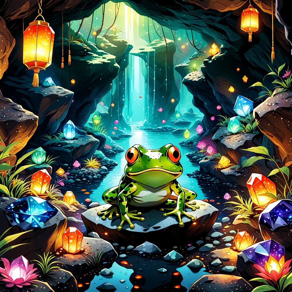 Cartoon Frog Gem Mining in Anime Style