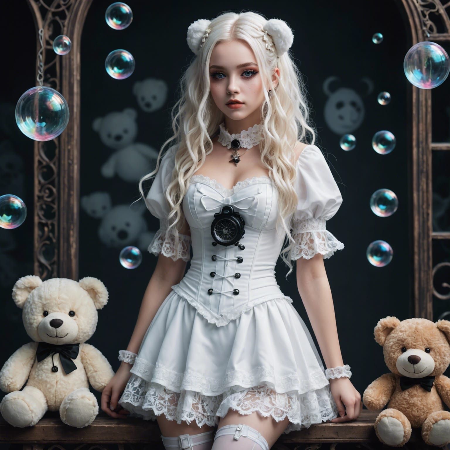 Bubble Goth Woman with Teddy Bear in Anime Style
