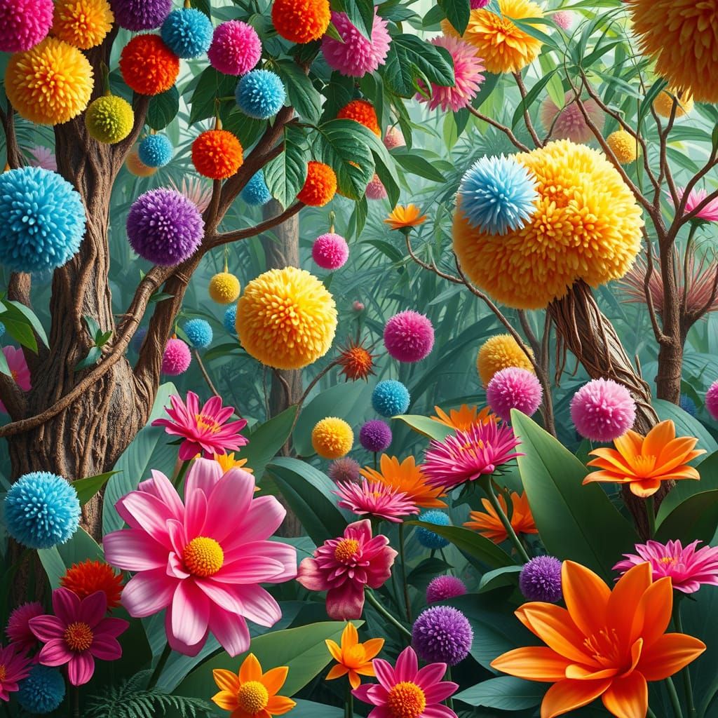 Pom Pom Jungle: Lush Trees and Exotic Flowers
