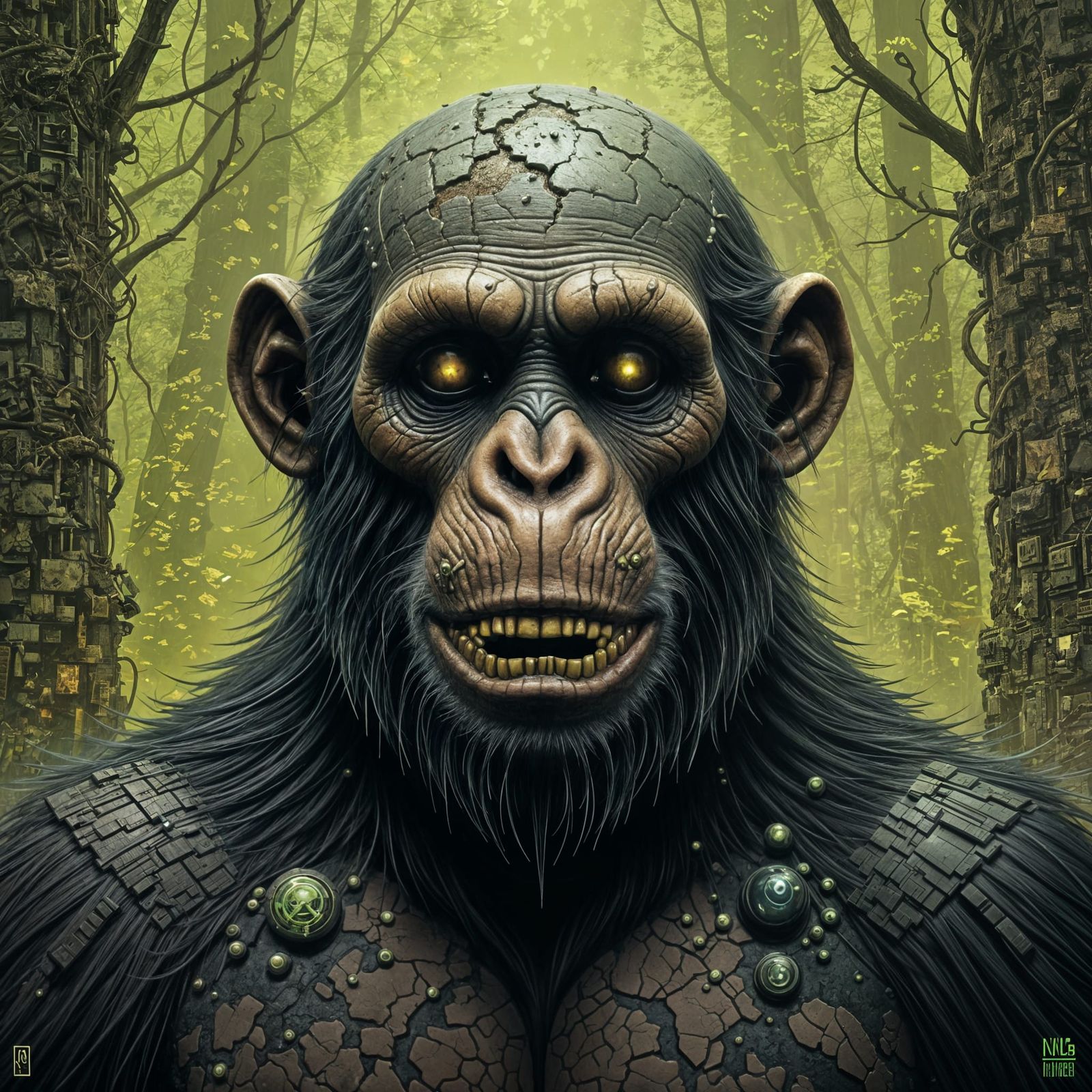 Decayed Cyberpunk Ape Anomaly in Sepia Tones