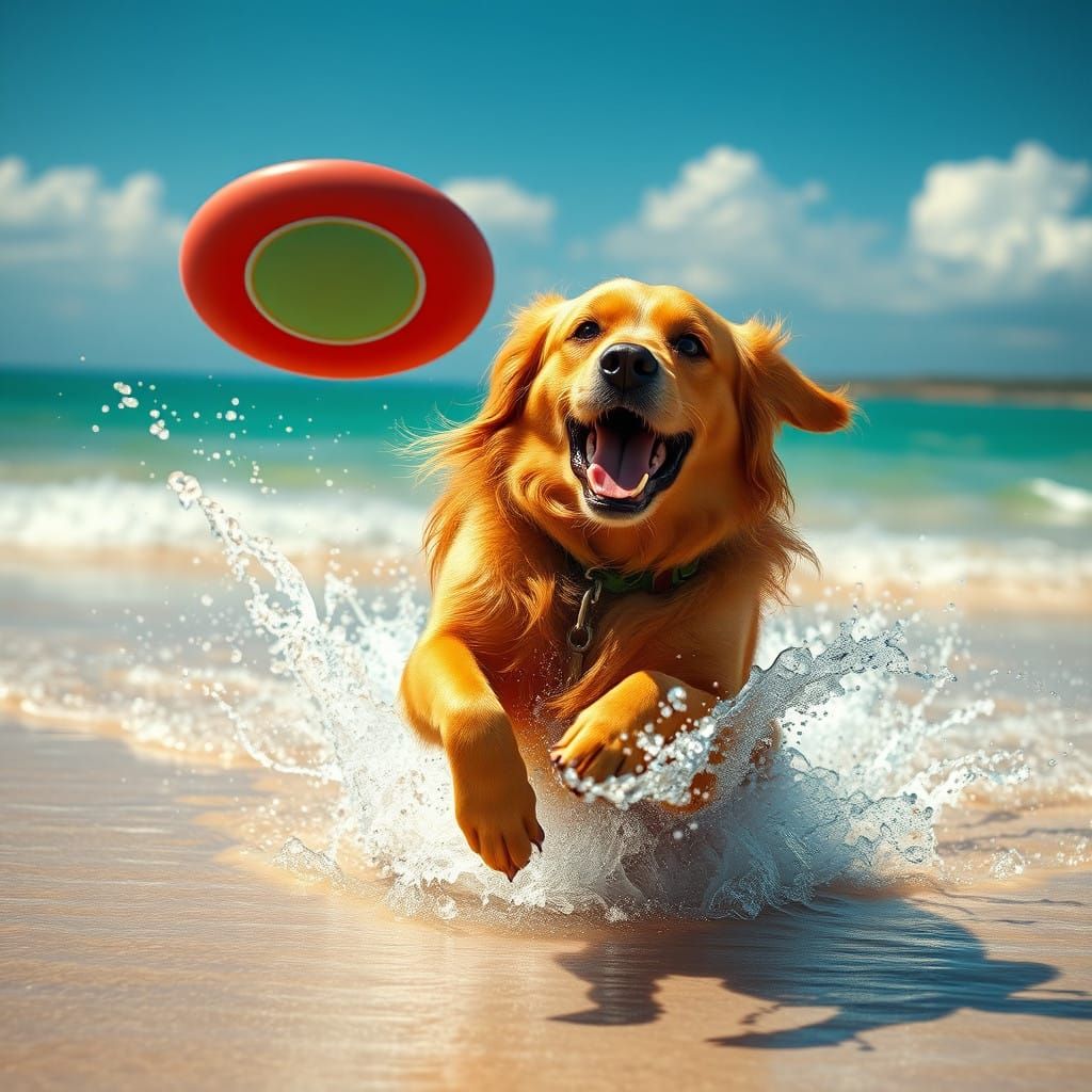 Cheerful Golden Retriever in Sunny Beach Frisbee Fantasy Sce...