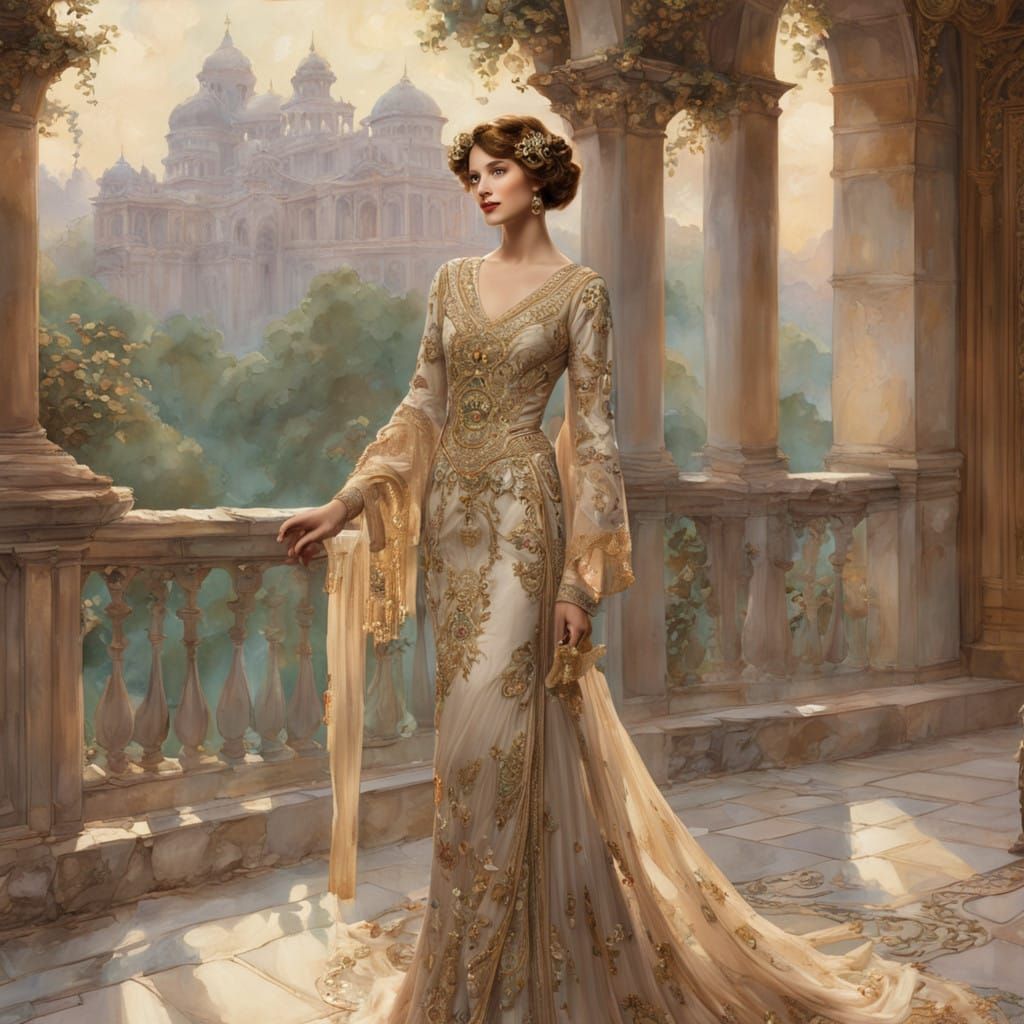 Regal Woman in Lavish Gown Toasts to the New Year in Elegant...